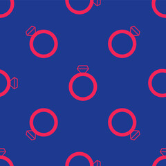 Red Diamond engagement ring icon isolated seamless pattern on blue background. Vector
