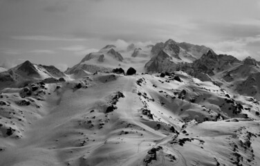 Scenic view of mountains peaks covered with snow and pine forests shot in grayscale