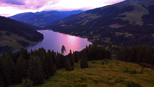 Beautiful Ziller river in the middle of mountain valley in Austria at sunset