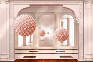 Fototapeta premium 3d balls in tunnels. 3d image. A wall with columns and balls. 3d Photo Wallpapers. Wallpaper on the wall.