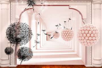Dandelions with 3d balls in the tunnel. 3d image. 3d Photo Wallpapers. Wallpaper for the interior.