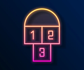 Glowing neon line Hopscotch icon isolated on black background. Children asphalt coating drawing. Vector