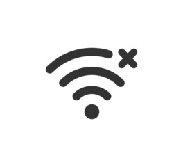 Wifi symbol and cross icon. Jamming wireless internet signal. Wi Fi error. Failure wifi icon. Disconnected wireless internet signal. Vector illustration isolated on white background.