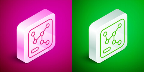 Isometric line Railway map icon isolated on pink and green background. Silver square button. Vector