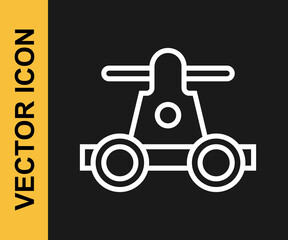 White line Draisine handcar railway bicycle transport icon isolated on black background. Vector