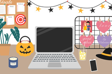 Fototapeta na wymiar Girl’s desk decorated in Halloween theme.