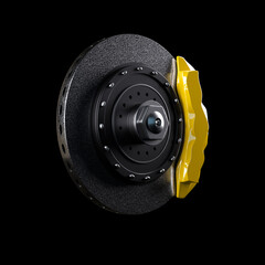 carbon ceramic car braking system brake disk with yellow caliper isolated on white background. 3d illustration - obrazy, fototapety, plakaty