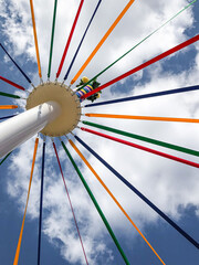 Vertical low angle shot of colorful strings on a traditional English Maypole