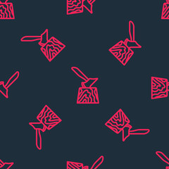 Red line Wooden axe in stump icon isolated seamless pattern on black background. Lumberjack axe. Axe stuck in wood. Chopping wood. Vector