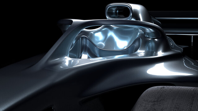 elegant dramatic super sports racing formula one car in dramatic light 2021 edition in dark black environment front side cockpit view - 3d render of beautiful background wallpaper