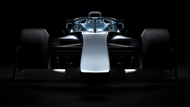 elegant dramatic super sports racing formula one car in dramatic light 2021 edition in dark black environment front view - 3d render of beautiful background wallpaper