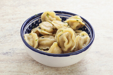 Russian boiled dumplings with meat