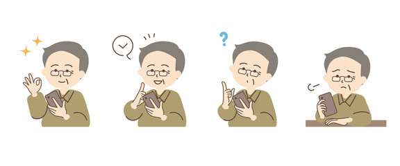 スマホを持つ男性のシンプルなイラストセット_D03【シルバーグレーの髪】