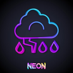 Glowing neon line Storm icon isolated on black background. Cloud and lightning sign. Weather icon of storm. Vector