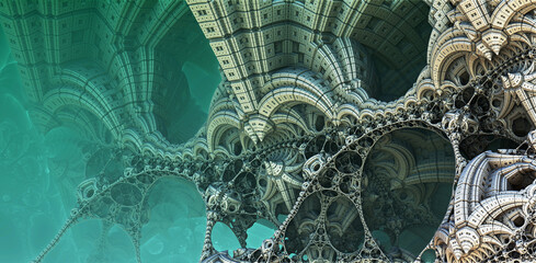 Abstract background 3D, fantastic ancient civilization architecture, gold blue render technology illustration.