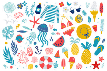 Summer set - ice cream, pineapple, watermelon, fish, seagull, anchor, lifebuoy