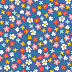 Summer seamless pattern with red, yellow, white and turquoise flowers