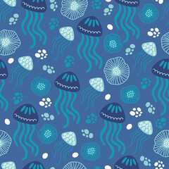 Summer seamless pattern with jellyfish, bubbles, seaweed on blue background