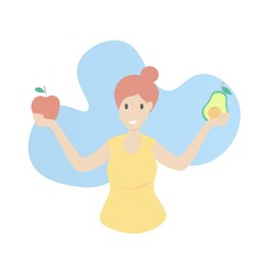 Nutrition benefit of vegetable and fruit,Diet lose weight plan for female,Food balance eating,Beautiful woman holding an apple and avocado,Vector illustration.