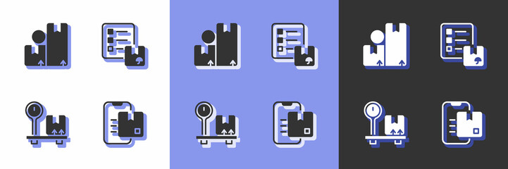 Set Document tracking marker, Carton cardboard box, Scale with and Verification of delivery list icon. Vector