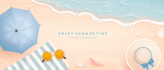 Fototapeta Beautiful horizontal banner design template with realistic summer elements on a beach background. Vector illustration obraz