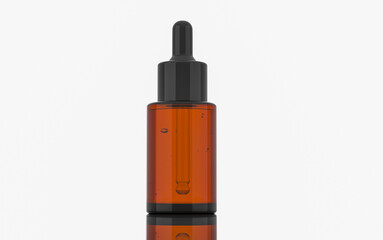 30 ml. Skincare container, Clear brown shiny glass dropper bottle with black header , black cover, body filled with clear liquid. straight front view. 3D rendered.
