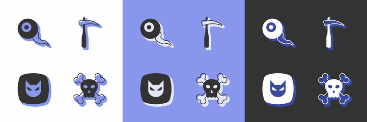 Set Skull on crossbones, Eye, Black cat and Scythe icon. Vector