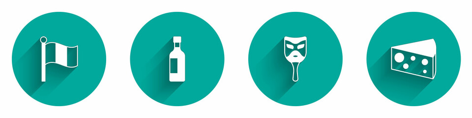 Set Flag Italy, Bottle of wine, Carnival mask and Cheese icon with long shadow. Vector