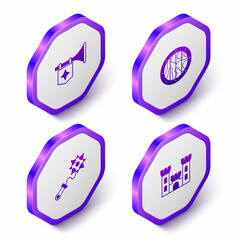 Set Isometric Trumpet with flag, Round wooden shield, Mace spikes and Castle icon. Purple hexagon button. Vector