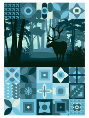Poster with a silhouette of a reindeer with big antlers in the forest and a neo-geometric pattern. Realistic vector modern landscape