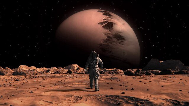 Footage of a brave astronaut in a suit confidently walking on Mars toward a space planet
