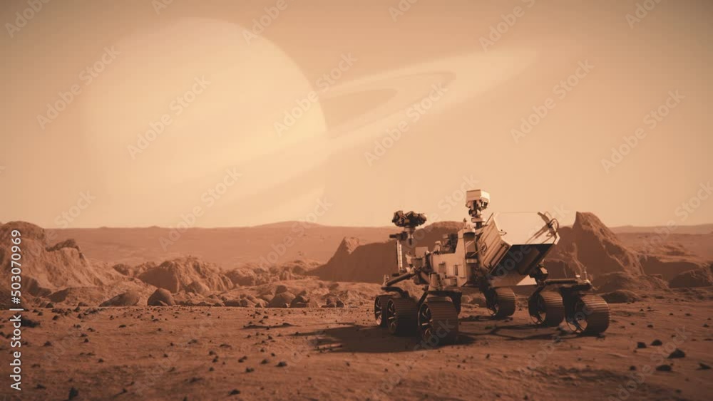 Wall mural footage of nasa's mars rover traveling across the surface of mars towards saturn