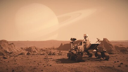 Footage of NASA's Mars rover traveling across the surface of Mars towards Saturn