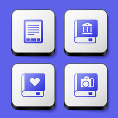Set E-Book reader, Law book, Romance and Photo album gallery icon. White square button. Vector