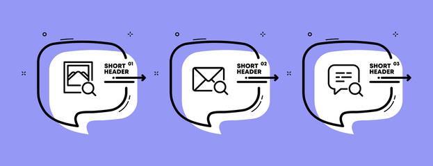 Magnifying glassset icon. Search images, text, messages, letters. ECO concept. Infographic timeline with icons and 3 steps. Vector line icon for Business and Advertising