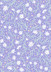 Seamless gentle pattern with delicate small white and pink flowers on stems on a lilac background. Vector natural texture with Ditsy for fabrics.