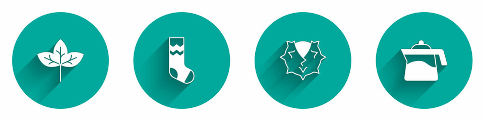 Set Leaf, Socks, Chestnut and Teapot icon with long shadow. Vector