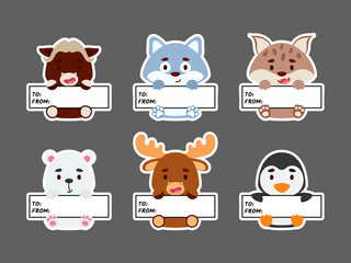 Sticky labels set of musk ox, lynx, moose, polar bear, wolf, penguin. Cute cartoon animal tags for notepad, memo pad, flag marker for office school, scrapbooking, baby shower, invitation, decor.