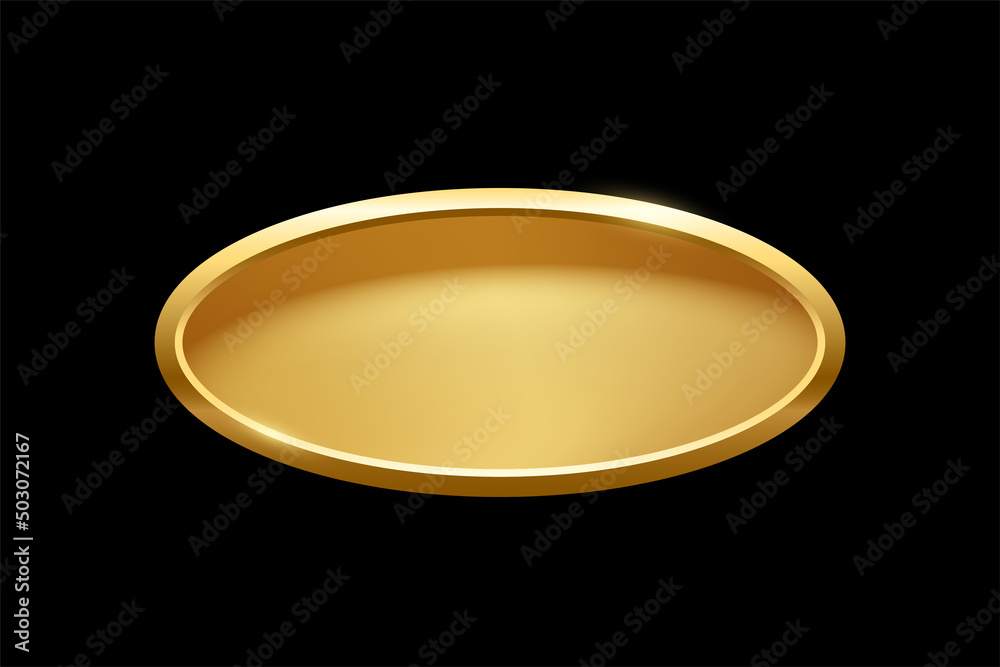 Poster gold ellipse shape button with frame vector illustration. 3d golden glossy elegant design for empty 