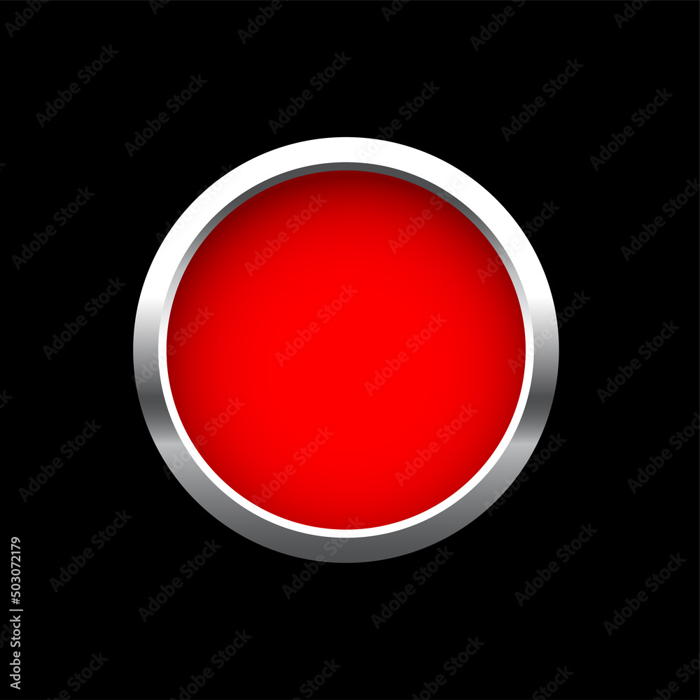 Poster red button in round silver frame vector illustration. 3d realistic shiny metal circle ring on push c