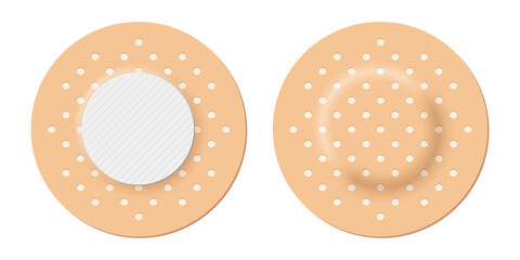 Adhesive bandage set of round shape, 3d realistic circle band aid, back and front view