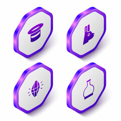 Set Isometric Magic hat, Rabbit with ears, stone and Bottle potion icon. Purple hexagon button. Vector