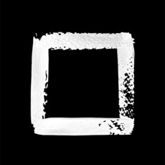 Silver brush square frame isolated on black background. Metal vector hand drawn border
