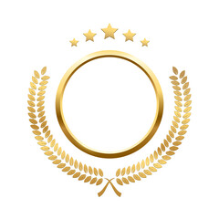 Gold round frame, stars and circular wreath from olive leaf, 3d golden anniversary medal