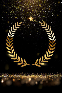 Gold laurel wreath, stars and falling glitter, realistic award, golden confetti rain