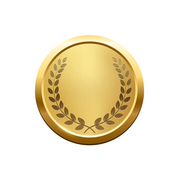 Gold medal with laurel wreath vector illustration. 3d realistic trophy badge of circle design, greeting anniversary or jubilee medallion, achievement champion isolated on white background.