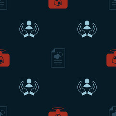 Set Location shield, Marriage contract and Life insurance on seamless pattern. Vector