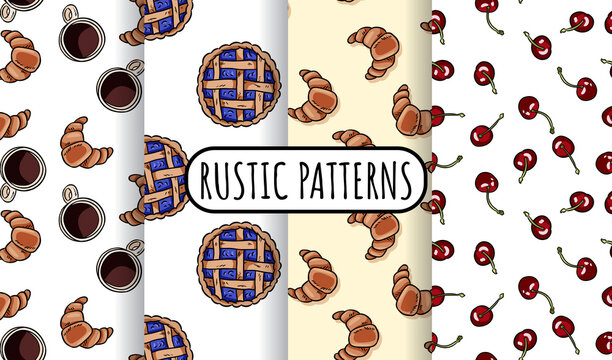 Set of breakfast doodles seamless patterns. Cute cartoon tasty croissants and other brunch food repeatable texture background tiles collection. Cozy template of illustrations for wrapping, wallpaper