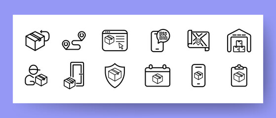 Delivery service set icon. Parcel, Return, Route, Tracking, Logistics, Box, Carrier, Warehouse, Door, Protection, Courier, Carrier, etc. Order concept. Vector line icon for Business and Advertising