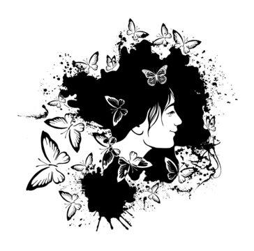 Vector silhouette of a girl surrounded by butterflies on a white background. woman's hair from an abstract spot of paint.
